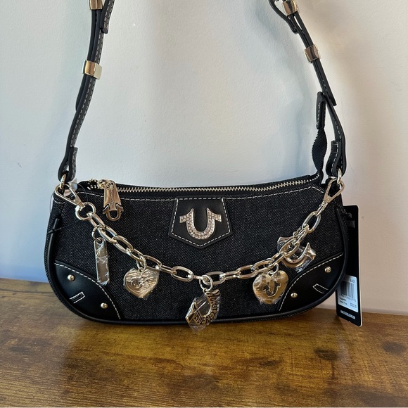 True Religion Handbags - New True Religion Black Denim Horseshoe Gold Chain Charm Shoulder Handbag Cute